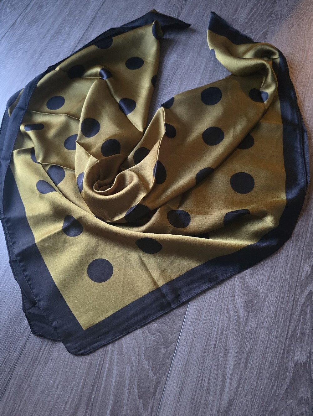 Large Square Satin Silk Feel Scarf Mustard Gold Navy Polka Dot Neck Head Wrap